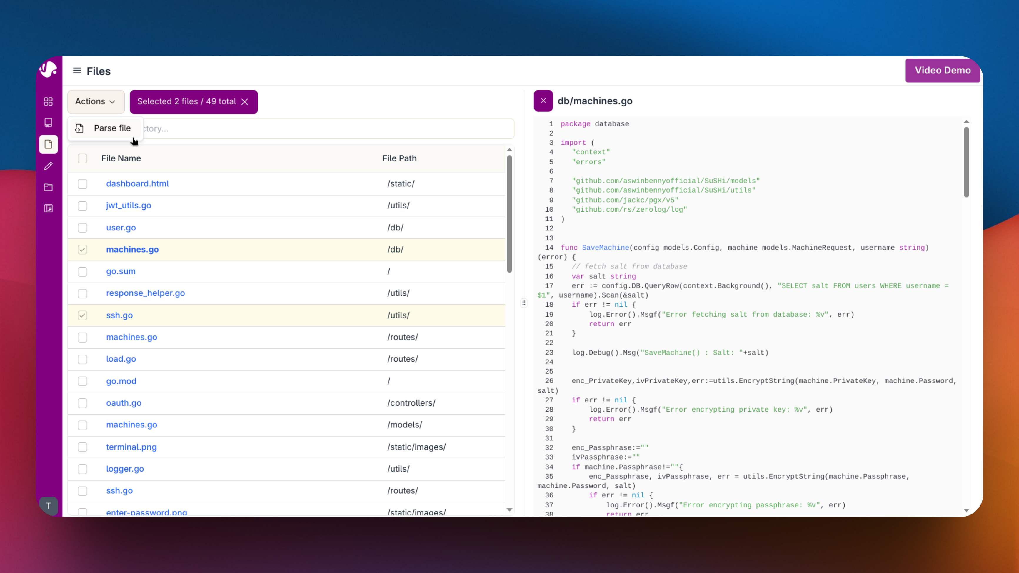 Code parsing interface