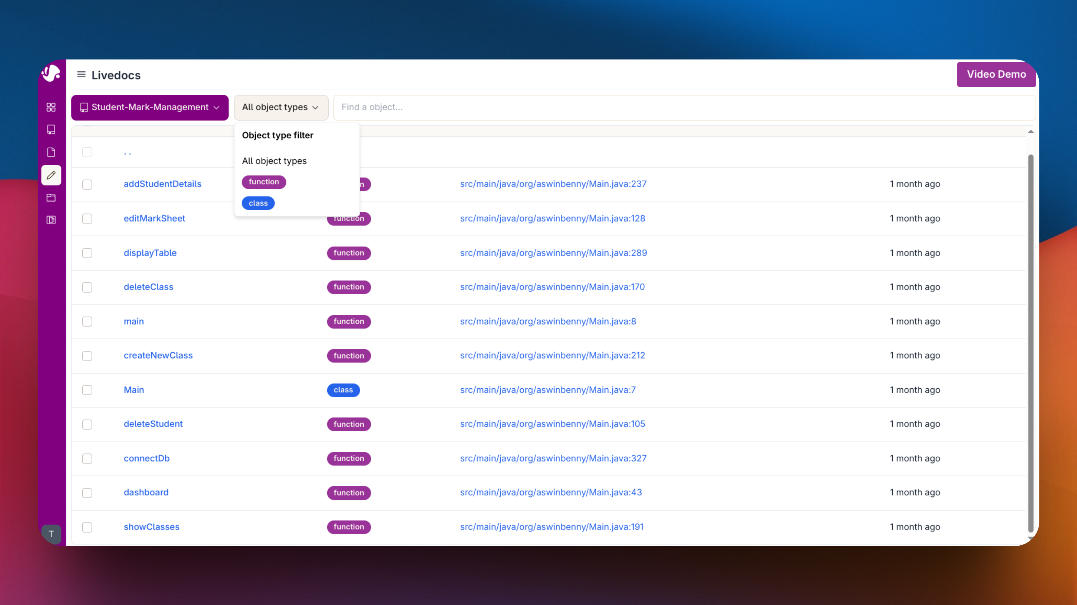 Documentation filtering interface